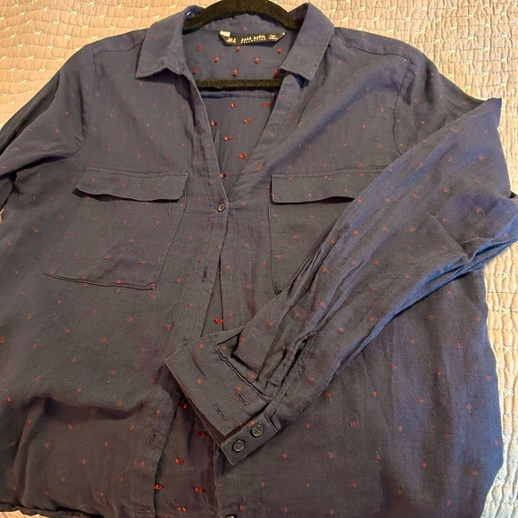 2 for $20 Zara Women’s Dark Blue Shirt with Red Polka Dots - Picture 4 of 4